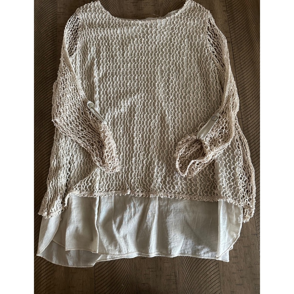 Boho Open Knit Crochet Layered Tunic Top Sequin Fishnet Lagenlook Earthy M/L